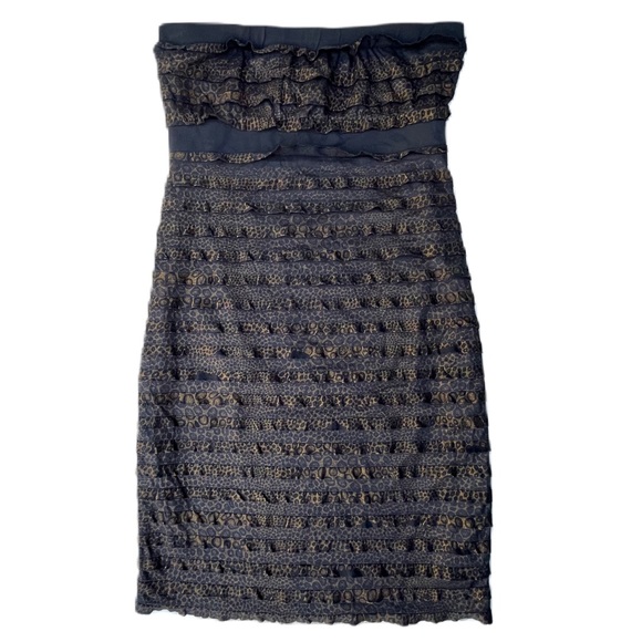 Black Leopard Cheetah Gold Glitter Strapless Bodycon Mini Lster Ruffled Dress - Picture 1 of 9